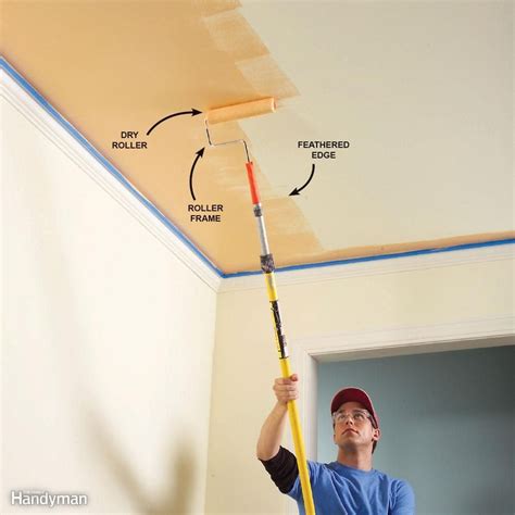 Allow a gap of roughly half a rollers length between the roller and cut in line on the adjacent wall. . Ceiling edge painter